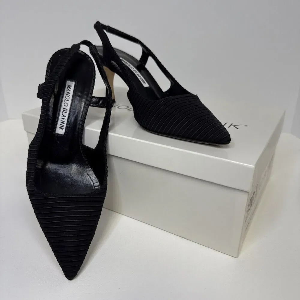 Manolo Blahnik Bretto Satin Slingback Pointy Toe Pumps EU 35.5